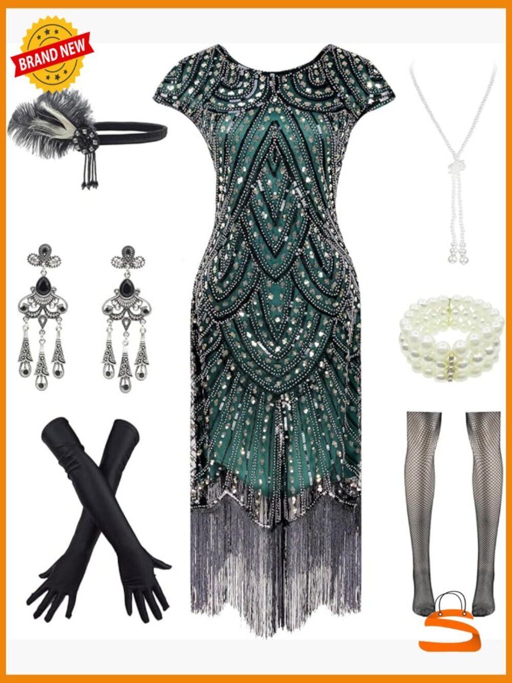 Vintage 1920s Gatsby Flapper Dress with Accessories Set Long Sleeve